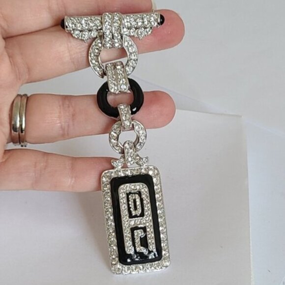 Vintage Art Deco Boho Silver Tone Drop Black Enamel Clear Rhinestone Brooch - Picture 1 of 10